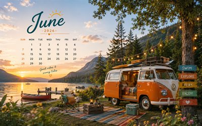 calendario junio 2026, 4k, camping en el lago de montaña, calendario junio ​​2026, playa, verano, junio, calendarios 2026, minivan naranja en las montañas, lago de montaña