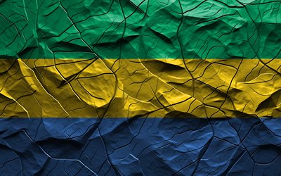 4k, gabon bayrağı, taş doku, afrika, gabon 3d bayrağı, çatlaklar ile arka plan, gabon