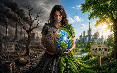 إنقاذ الأرض, 4k, فتاة مع الكرة الأرضية, فن ثلاثي الأبعاد, التلوث البيئي, مصنع, مفاهيم البيئة, حفظ مفاهيم الأرض, حماية الطبيعة, المفاهيم البيئية, الصناعة الثقيلة, ضرر على البيئة, الشجرة الخضراء والمصانع
