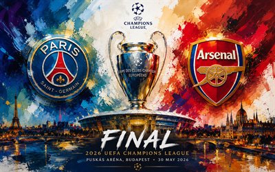 final de la liga de campeones de la uefa 2026, psg vs arsenal fc, arte de pintura grunge, psg, arsenal fc, liga de campeones, parís saint germain vs arsenal, parís saint germain, estadio puskás, budapest, fútbol americano