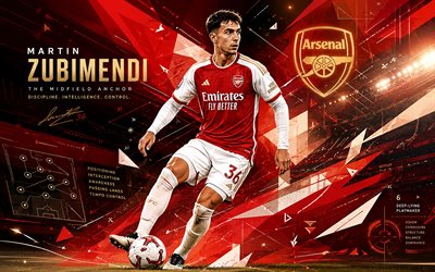 4k, Martin Zubimendi, Arsenal FC, vector art, red abstract vector background, Martin Zubimendi Arsenal FC, creative art, Arsenal FC logo, Martin Zubimendi Arsenal, football, Arsenal