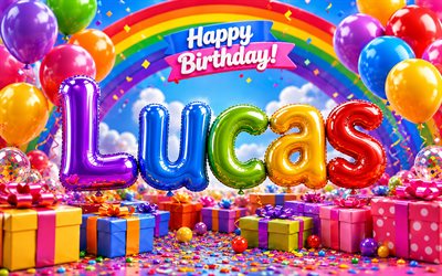 4k, Lucas Happy Birthday, rainbow, balloons 3D letters, Lucas name, Lucas Birthday, colorful gift boxes, popular american male names, Happy Birthday Lucas, picture with Lucas name, Lucas