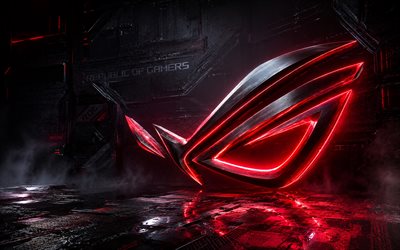 Asus ROG logo, 4K, stone dark background, Republic of Gamers, Asus ROG crystal logo, red neon light, Asus ROG 3D logo, Asus ROG emblem, ROG logo, ROG, Asus ROG