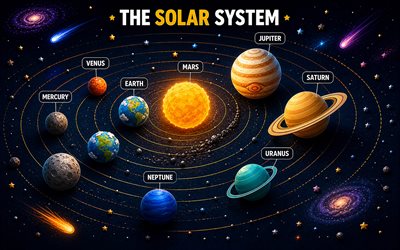 Solar system planets, 4k, isometric art, astronomy, Mercury, Sun, Venus, Earth, Mars, Jupiter, Saturn, Uranus, Neptune, planets inscriptions, Solar system, planets, planetary system, galaxy, universe Solar system concepts
