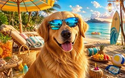 perro perdiguero de oro, 4k, verano, playa tropical, accesorios de playa, mar, tumbona, gafas de sol, golden retriever en la playa, perros, cóctel, labrador, playa, mascotas, perro con gafas de sol