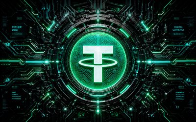 Tether 3D logo, 4k, dark hi-tech background, green neon lights, conductors, microcircuit, cryptocurrencies, brands, Tether futuristic logo, USDt, blockchain, Tether logo, Tether, USDt logo