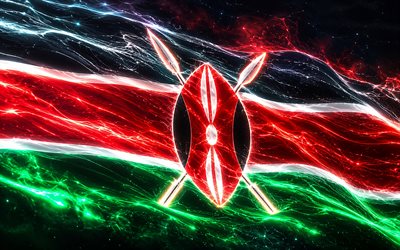 علم كينيا متوهج, 4k, الظلام, علم كينيا, يوم كينيا, فن ثلاثي الأبعاد, العلم الكيني, علم كينيا النيون, موجات النيون علم كينيا, علم كينيا ثلاثي الأبعاد, علم كينيا مجردة, كينيا