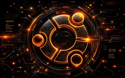 4k, Ubuntu futuristic logo, darkness, orange futuristic background, orange neon rays, electronics brands, Ubuntu 3D logo, Ubuntu neon logo, brands, Ubuntu logo, Ubuntu, Linux Ubuntu