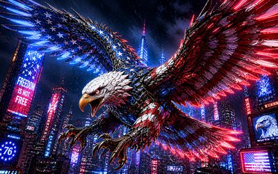 4k, النسر الأصلع, cyberpunk, العلم الأمريكي, النسر الميكانيكي, نظرة مفترسة, علم الولايات المتحدة الأمريكية, الطيور الجارحة, الطيور الميكانيكية, رمز الولايات المتحدة الأمريكية, فن النسر الأصلع, 4 يوليو, عمل فني, النسور, الولايات المتحدة الأمريكية, الرابع من يوليو, فن ثلاثي الأبعاد