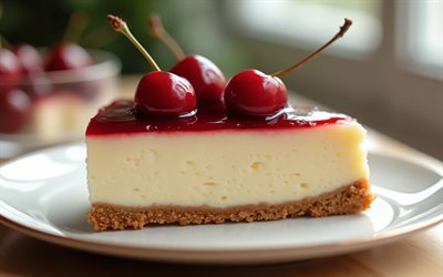 kirazlı cheesecake, pişmiş ürünler, tatlılar, pastanın üzerine kiraz, cheesecake, kirazlar