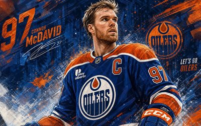 4k, كونور ماكديفيد, خلفية الجرونج البرتقالية الزرقاء, ادمونتون أويلرز, nhl, الهوكي, كونور مكديفيد 4k, الفن ليون درايسيتل, فن المعجبين, كونور ماكديفيد ادمونتون أويلرز