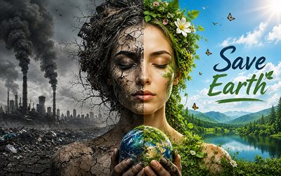4k, إنقاذ الأرض, وجه المرأة, التلوث البيئي, فن ثلاثي الأبعاد, مصنع, فتاة مع الكرة الأرضية, مفاهيم البيئة, حفظ مفاهيم الأرض, حماية الطبيعة, المفاهيم البيئية, ضرر على البيئة, الشجرة الخضراء والمصانع