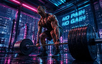 4k, nessun dolore nessun guadagno, cyberpunk, stacco, lettere al neon, palestra, citazioni di motivazione, iscrizione no pain no gain, uomo con bilanciere, arte del grunge, lettere di metallo arrugginito, bilanciere, motivazione, nessun concetto di dolore, nessun guadagno