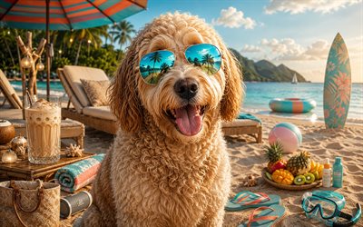 labradoodle, 4k, verano, playa tropical, accesorios de playa, mar, tumbona, gafas de sol, labradoodle en la playa, perros, cóctel, animales lindos, playa, mascotas, perro con gafas de sol, perro labradoodle