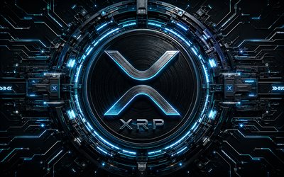 شعار xrp ثلاثي الأبعاد, 4k, خلفية داكنة عالية التقنية, أضواء النيون الزرقاء, الموصلات, دائرة كهربائية دقيقة, العملات المشفرة, العلامات التجارية, شعار xrp المستقبلي, blockchain, شعار xrp, xrp