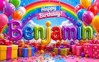 4k, Benjamin Happy Birthday, rainbow, balloons 3D letters, Benjamin name, Benjamin Birthday, colorful gift boxes, popular american male names, Happy Birthday Benjamin, picture with Benjamin name, Benjamin