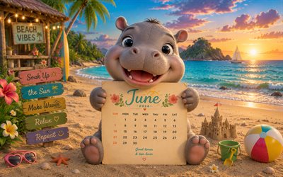calendario junio 2026, 4k, lindo hipopótamo en la playa, calendario junio ​​2026, pequeño hipopótamo, junio, calendarios 2026, verano, playa