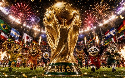 4k, 2026 FIFA World Cup, mascots, football stadium, golden confetti, FIFA World Cup Trophy, fireworks, football, FIFA World Cup art, FIFA World Cup 2026, golden trophy, soccer, FIFA World Cup