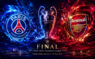 final de la liga de campeones de la uefa 2026, psg vs arsenal fc, arte de neón, psg, arsenal fc, liga de campeones, arte de abstracción creativa, final, parís saint germain vs arsenal, parís saint germain, estadio puskás, budapest, fútbol americano
