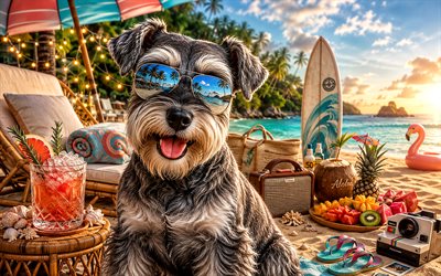 schnauzer miniatura, 4k, verano, playa tropical, accesorios de playa, mar, tumbona, gafas de sol, schnauzer miniatura en la playa, perros, cóctel, animales lindos, playa, mascotas, perro con gafas de sol, perro schnauzer miniatura