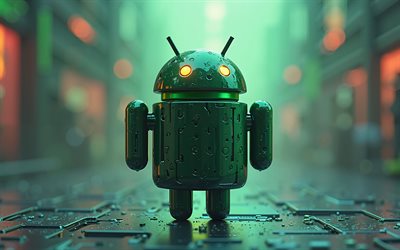 android green 3d  robot, 4k, androidlogotyp, grön teknikbakgrund, androidrobot, androidemblem, kreativ konst, android