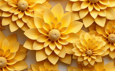 4k, الزهور 3d الصفراء, مبدع, العمل الفني, الماكرو, خلفيات الأزهار, الزهور ثلاثية الأبعاد, خلفية مع الزهور, الزهور البيضاء, خلفيات الأزهار الصفراء