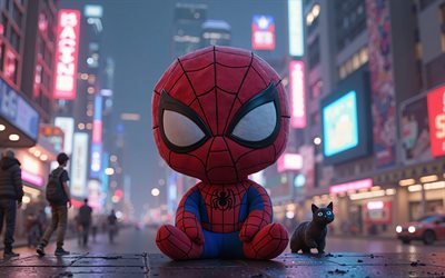 homem aranha, 4k, super  heróis, brinquedo de pelúcia de super herói do homem aranha, paisagem urbana, personagem do homem aranha, brinquedo macio de super herói do homem aranha, brinquedo do homem aranha, arte criativa