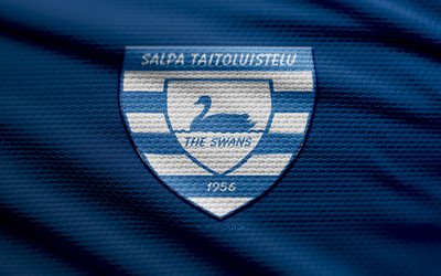 Salon Palloilijat fabric logo, 4k, blue fabric background, Ykkosliiga, bokeh, soccer, Salon Palloilijat logo, football, Salon Palloilijat emblem, Salon Palloilijat, finnish football club, Salon Palloilijat FC