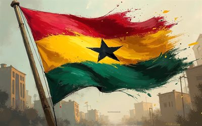 bandera de ghana en el asta de la bandera, bandera de salpicaduras de pintura de ghana, arte grune, bandera de ghana, áfrica, ghana