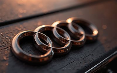 logo audi, 4k, arte creativa, logo di legno marrone audi 3d, backound in legno nero, logo audi 3d, audi, emblema audi 3d