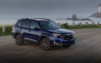 2025, subaru forester hybrid, 4k, frontansicht, äußerlich, blaue crossover, blauer subaru forester, neuer subaru forester 2025, japanische autos, subaru