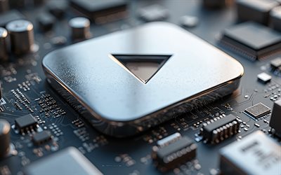 YouTube silver 3d logo, 4k, YouTube silver button, 100k YouTube button, silver motherboard, YouTube sign, YouTube logo, YouTube, hi-tech silver background, YouTube emblem