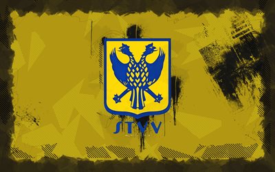 Sint-Truiden VV grunge logo, 4k, Jupiler Pro League, yellow grunge background, soccer, Sint-Truiden VV emblem, football, Sint-Truiden VV logo, Sint-Truiden VV, belgian football club, Sint-Truiden FC