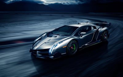 la noche, el Lamborghini Veneno, supercars, la carretera, el movimiento, la plata Lamborghini