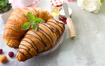 croissant with chocolate, pastries, sweets, croissants, raspberry croissant, berries, raspberries