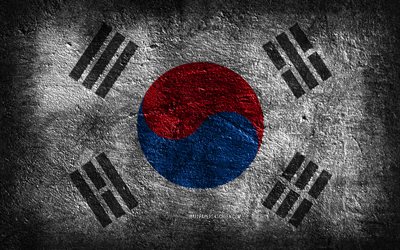 4k, etelä-korean lippu, kivirakenne, kivi tausta, etelä-korean päivä, grunge-taide, etelä-korean kansalliset symbolit, etelä-korea
