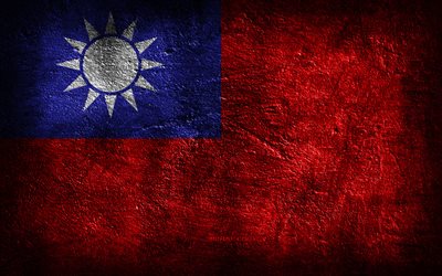 4k, 台湾国旗, 石の質感, 台湾の旗, 石の背景, 台湾の国旗, グランジアート, 台湾の日, 台湾の国家のシンボル, 台湾