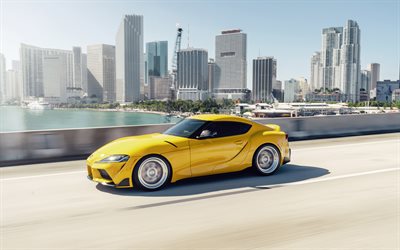 Toyota GR Supra, exterior, front view, yellow Toyota Supra, Japanese sports cars, Toyota