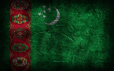 4k, flagge turkmenistans, steinstruktur, tag turkmenistans, steinhintergrund, grunge-kunst, nationale symbole turkmenistans, turkmenistan