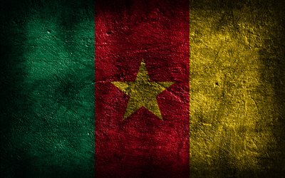 4k, 카메룬 국기, 돌 질감, 카메룬의 국기, 카메룬의 날, 돌 배경, 그런지 아트, 카메룬 국가 상징, 카메룬, 아프리카 국가