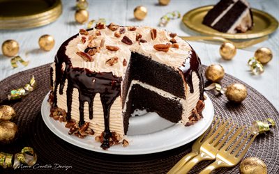 chocolate cake, sweets, chocolate dessert, cake with nuts, chocolate, bakery