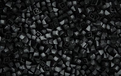 keyboard buttons, 4k, technology textures, macro, black buttons, mound of keyboard buttons, 3D textures, buttons