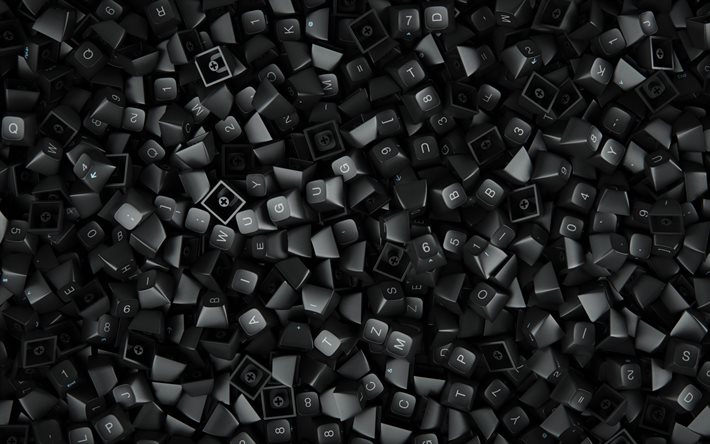botões do teclado, 4k, tecnologia de texturas, macro, botões pretos, monte de botões do teclado, texturas 3d, botões