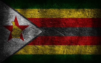 4k, 짐바브웨 국기, 돌 질감, 짐바브웨의 국기, 짐바브웨의 날, 돌 배경, 그런지 아트, 짐바브웨 국가 상징, 짐바브웨, 아프리카 국가
