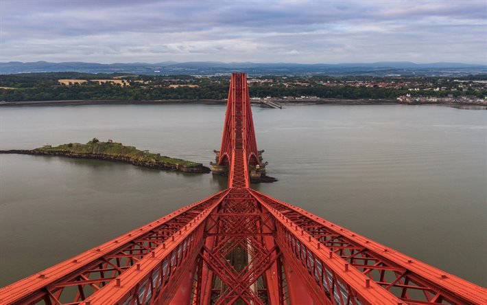 forth rail bridge, ponte ferroviária, edimburgo, ponte de metal vermelho, north queensferry, edimburgo paisagem urbana, escócia, reino unido