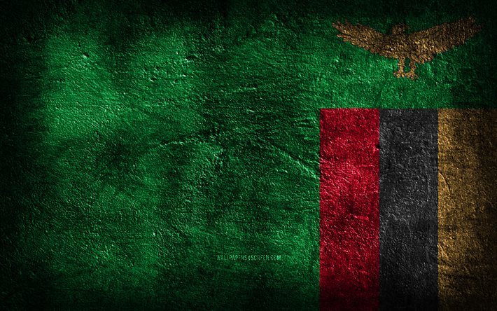 4k, zambias flagga, stenstruktur, zambias dag, stenbakgrund, grungekonst, zambias nationella symboler, zambia, afrikanska länder