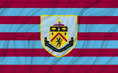 burnley fc, 4k, bandera ondulada azul púrpura, premier league, fútbol, banderas de tela 3d, bandera de burnley fc, logotipo de burnley fc, club de fútbol inglés, fc burnley