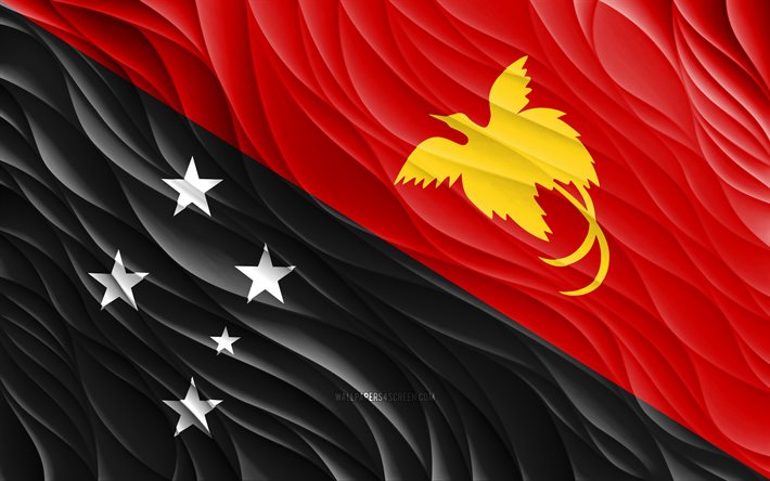 4k, पापुआ न्यू गिनी का झंडा, लहराती 3d झंडे, महासागरीय देश, पापुआ न्यू गिनी का दिन, 3डी तरंगें, पापुआ न्यू गिनी के राष्ट्रीय प्रतीक, पापुआ न्यू गिनी