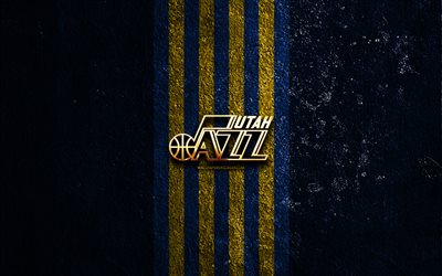 utah jazz logo doré, 4k, fond de pierre bleue, nba, l équipe américaine de basket-ball, utah jazz logo, basket-ball, utah jazz