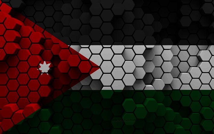 4k, ヨルダンの国旗, 3d六角形の背景, ジョーダン3dフラグ, ヨルダンの日, 3d六角形テクスチャ, ヨルダンの国家のシンボル, ヨルダン, 3d背景, 3dヨルダンの旗